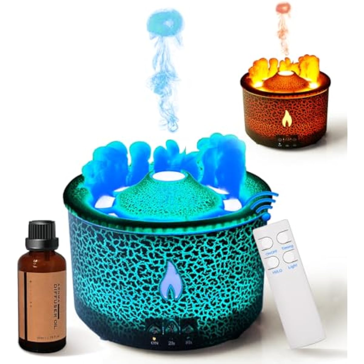 BOHOFAM Aroma Essential Oil Diffuser 360 ML,Volcano and Flame Diffuser/Humidifier,give1.76 oz Hotel Collection Essential Oils,Blue/red Light Selection,Diffusers for Home,Large Room(Black Cracks)