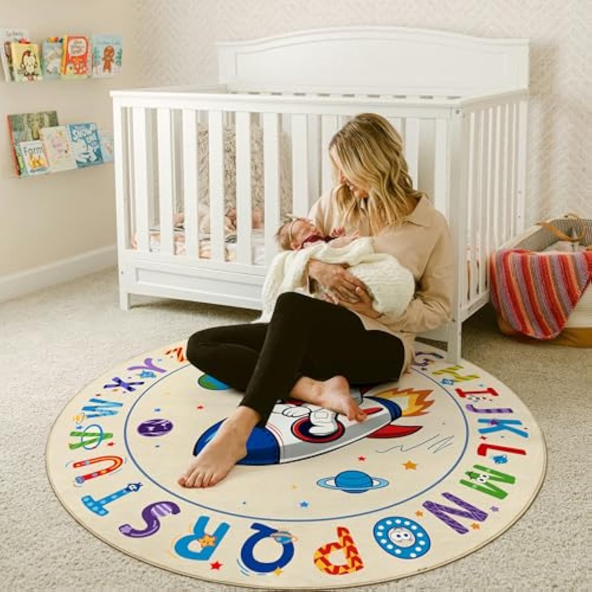 ABC Kids Alphabet Round Rug 4ft, Washable Soft Circle Nursery Rug, Non-Slip Educational Carpet with Space Astronaut Design for Classroom, Playroom & Kids Room Decor Blue