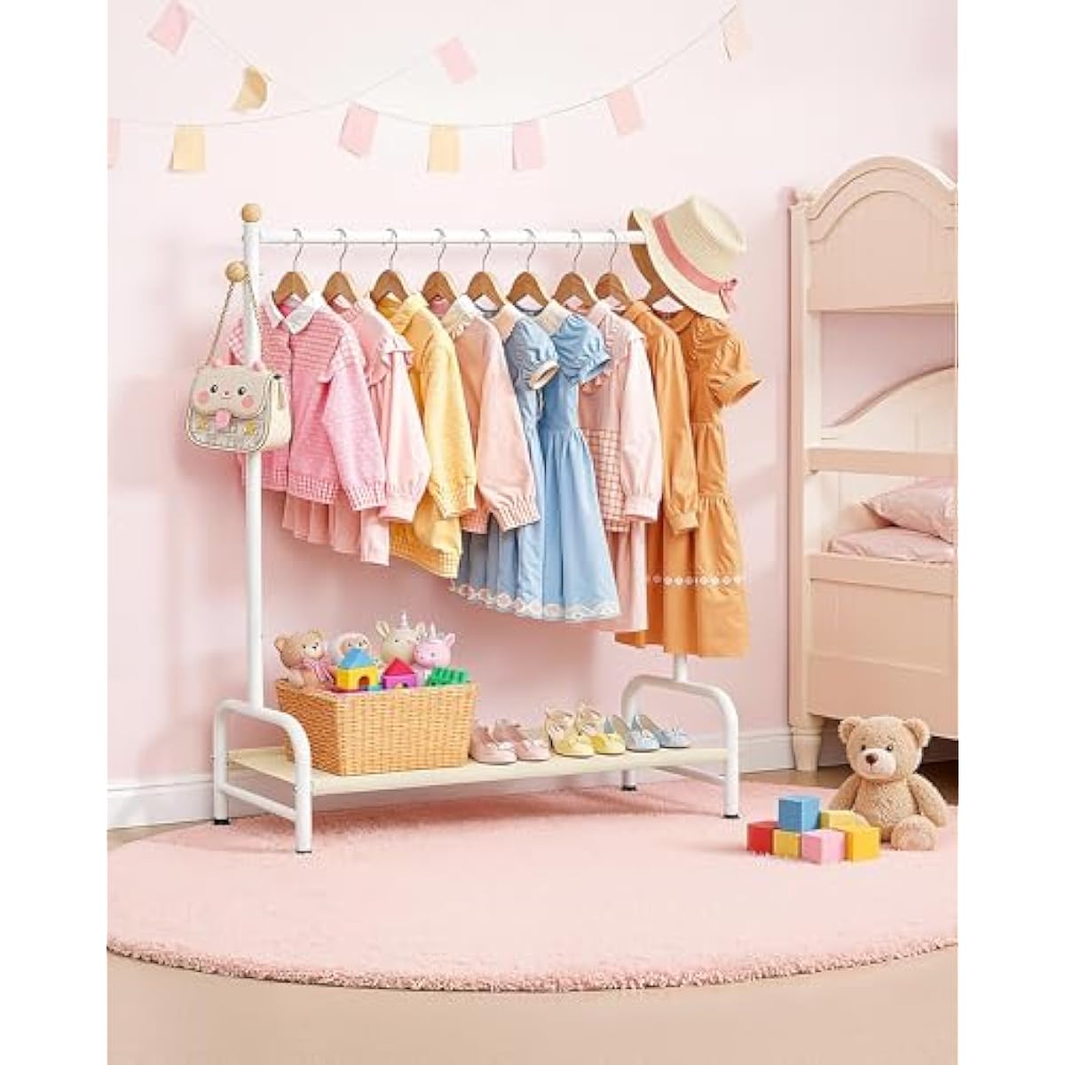 Clothes Rack - Sturdy Metal Kids Clothing Rack with Bottom Storage Shelf & Adjustable Feet, Dress Up Storage for Toddler's Bedrooms, Nurseries, Playrooms, 31" x 12.5" x 47.8", White