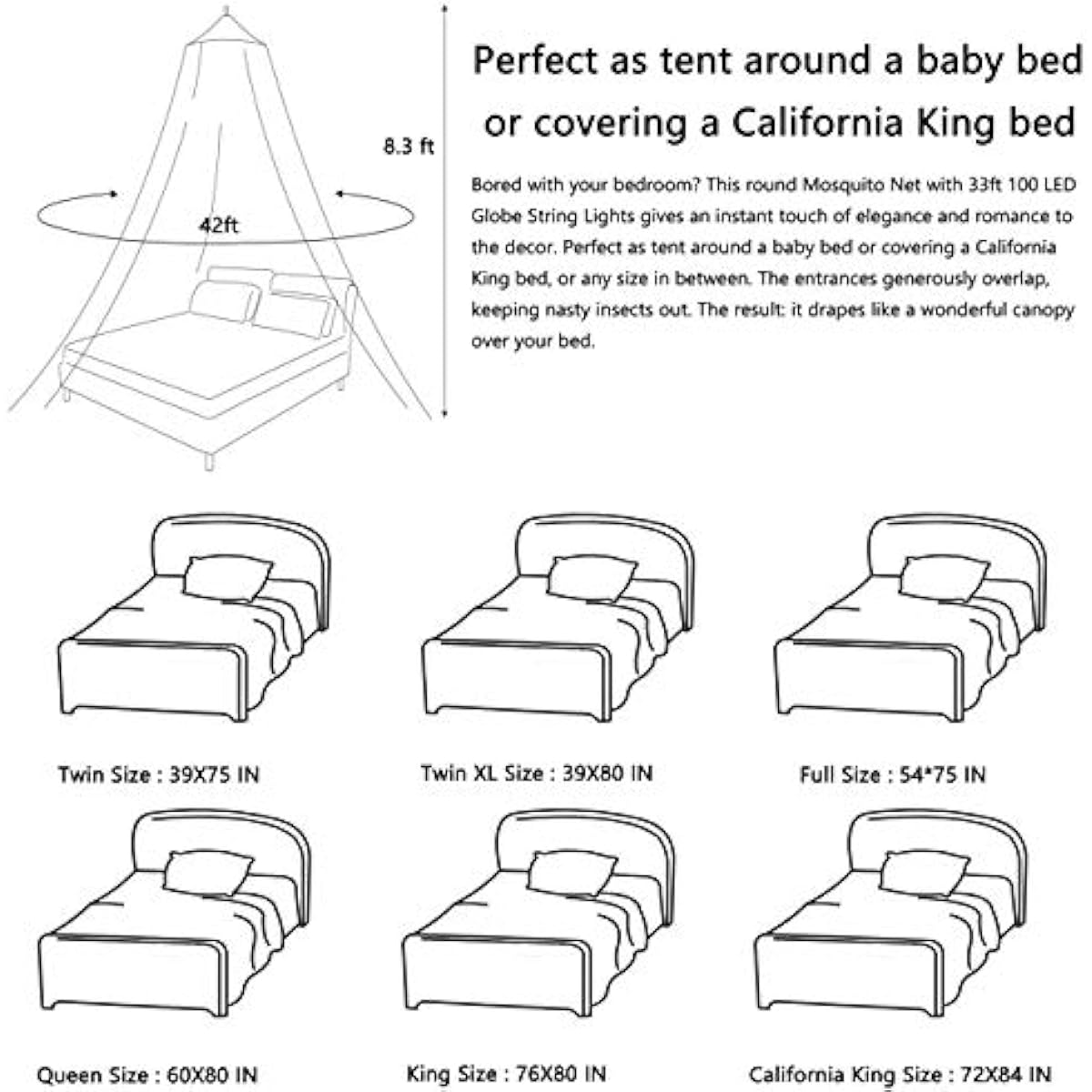 Comtelek Bed Canopy with Lights,Mosquito Net Bed Canopy for Girls Canopy Bed Curtains Full Queen Size from Ceiling,Dome Mosquito Netting Bed Tent Twin Girls Princess Canopy King Bed Decor