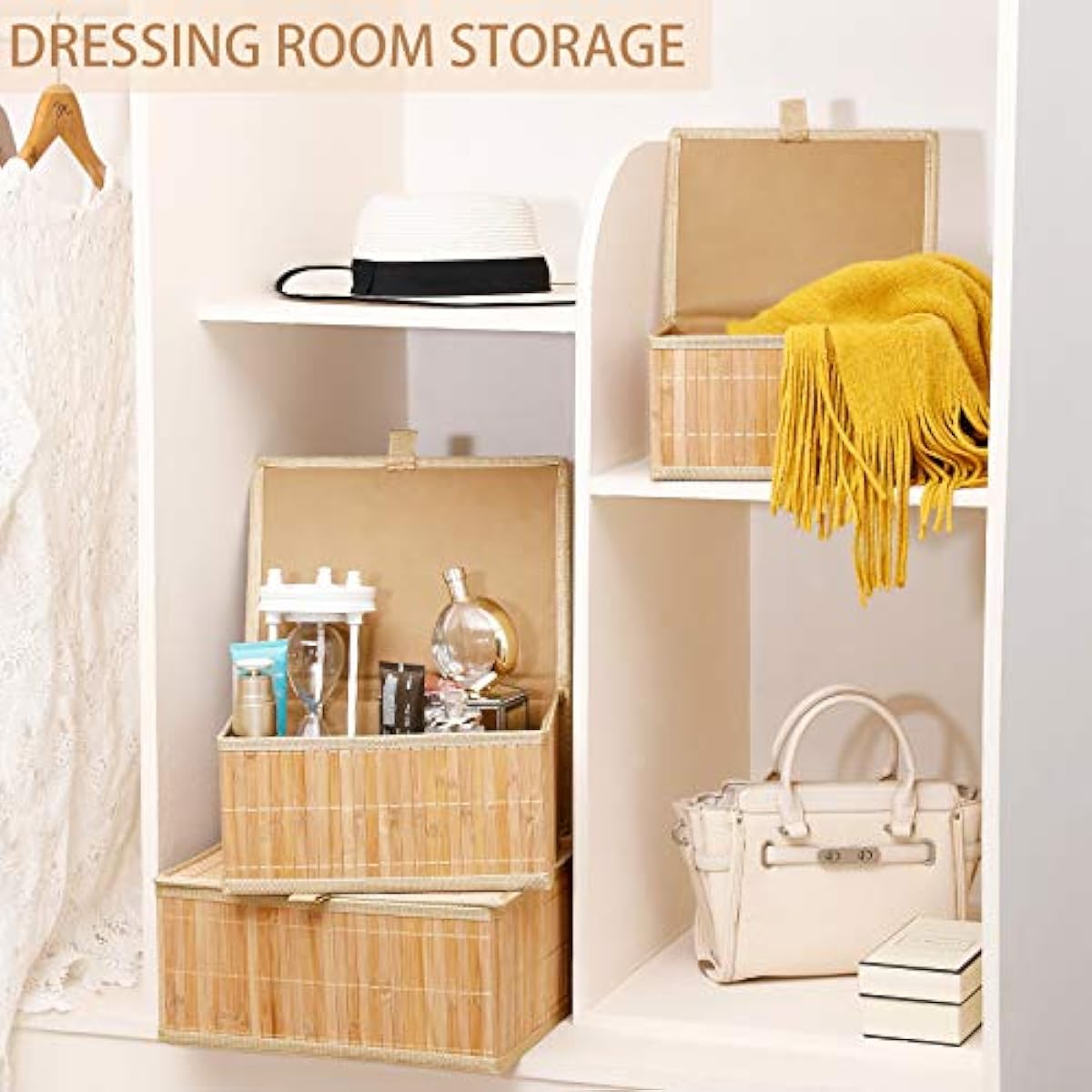 Honygebia Bamboo Decorative Storage Boxes - Set of 3 Woven Lined Storage Basket with Lids, Beige Wicker Lidded Baskets for Home Kitchen Shelf Organizer Decor