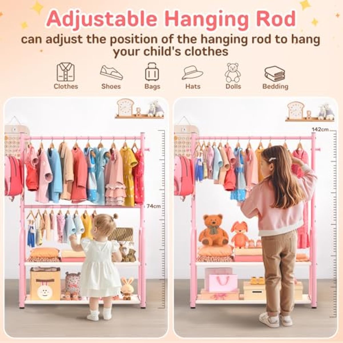 Kids Clothing Rack with 2-Layer Storage Shelf and 2 Adjustable Hanging Rods, Dress Up Rack for Hanging Clothes,Dress up Storage for Baby Toddle Kids(Classic, Pink)