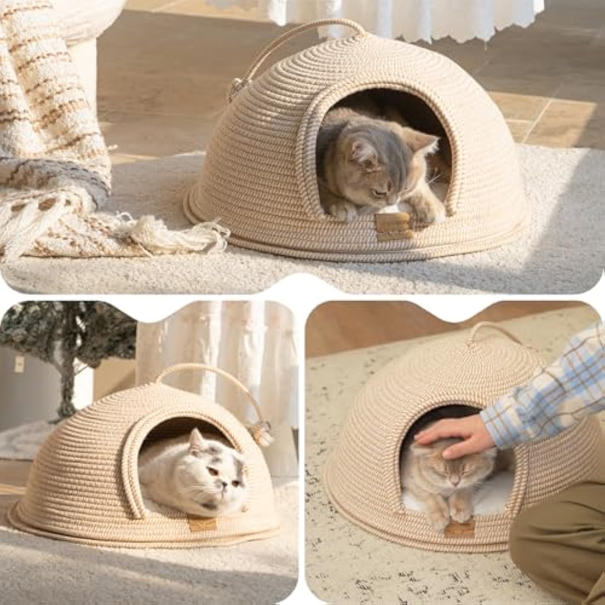 CHEERPALS Cat Cave Bed for Indoor Cats, 3 in 1 Cat House with Washable Cushion and Ball, Scratcher Bed, Cute Rope Bed for Kittens and Large Cat(White)