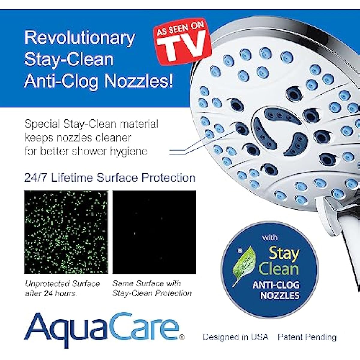 AquaCare High Pressure 8-mode Handheld Shower Head - Anti-clog Nozzles, Built-in Power Wash to Clean Tub, Tile & Pets, Extra Long 6 ft. Stainless Steel Hose, Wall & Overhead Brackets