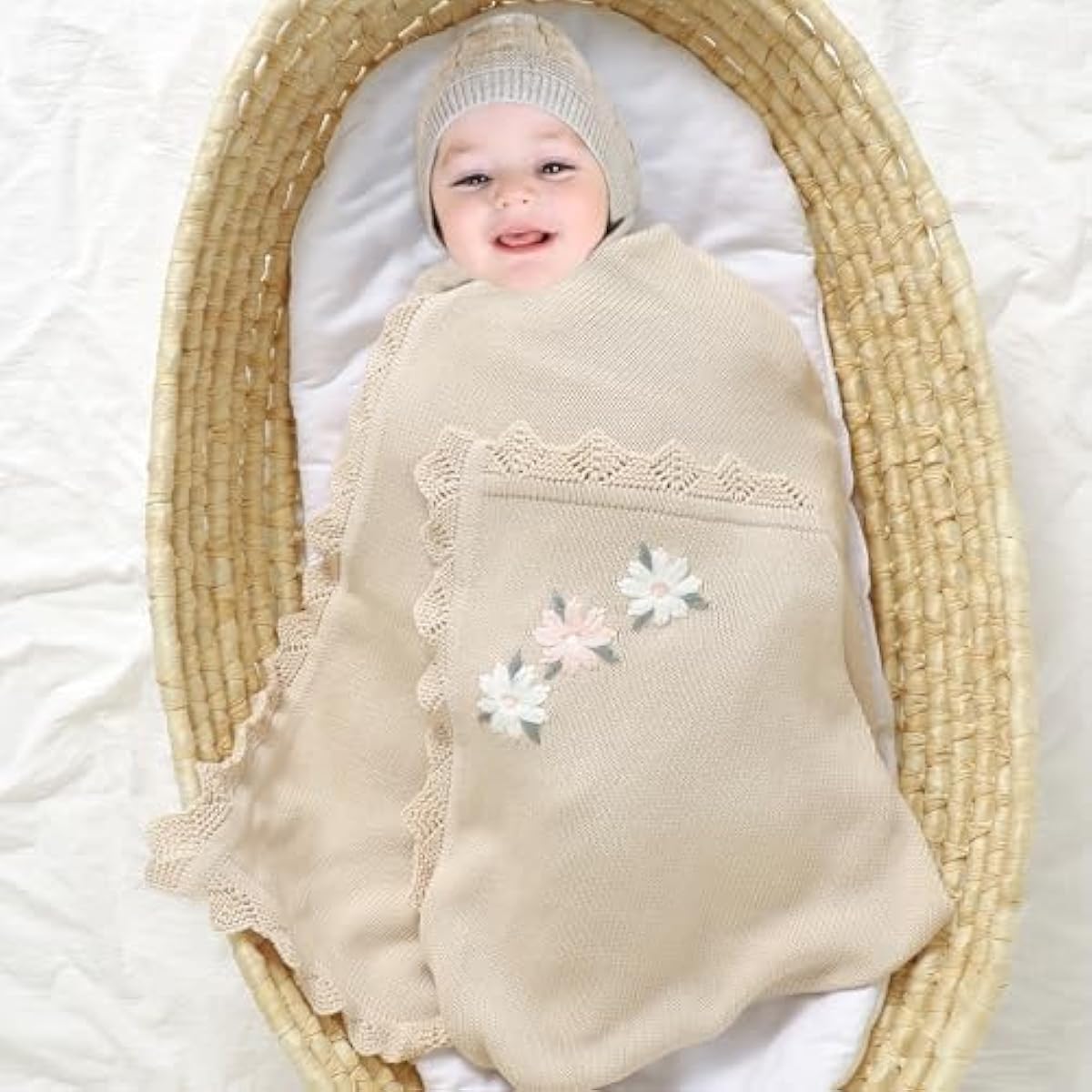 LAWKUL Baby Blanket 100% Traceable Cotton Knit Receiving Blankets Infant Swaddle for Newbron Boy Girls 40"x30" Beige Floral