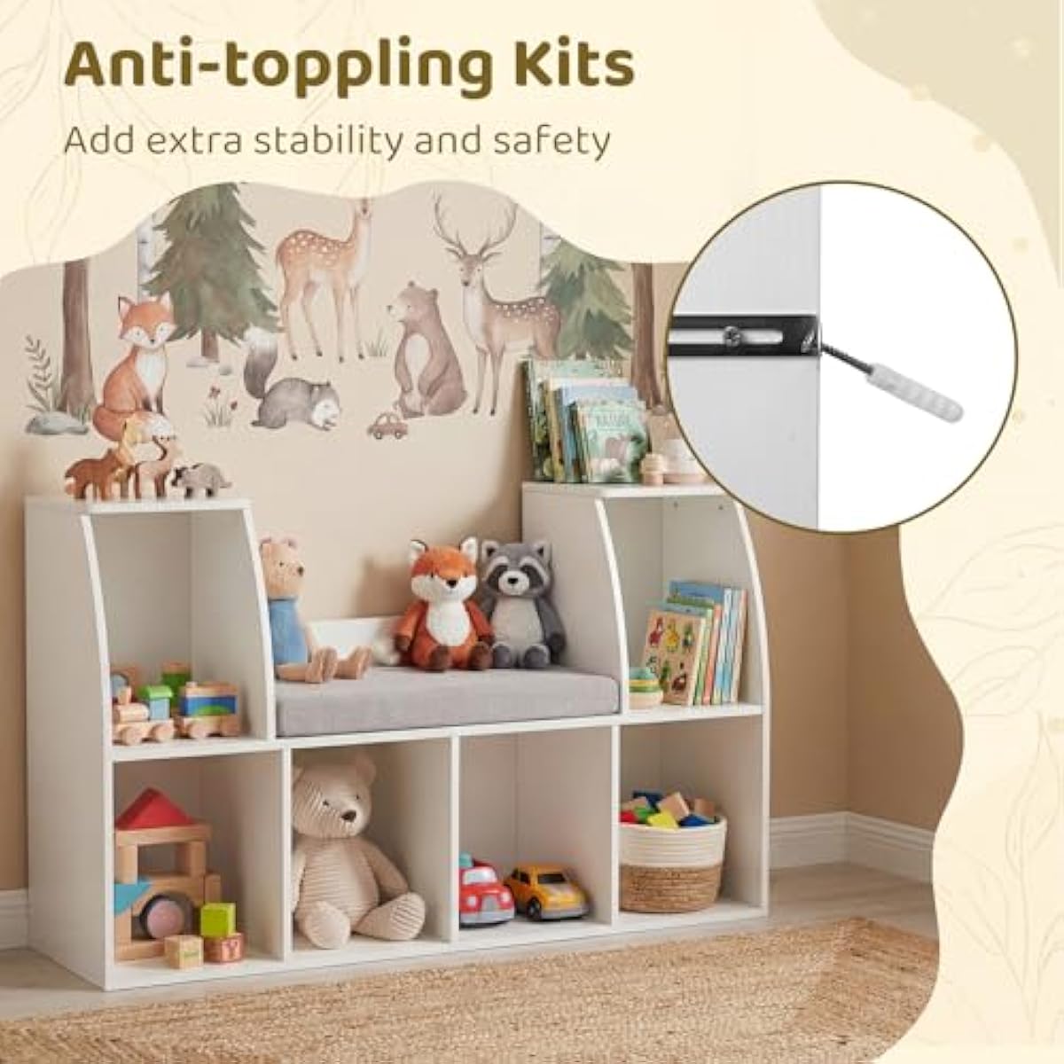 Costzon Kids Bookshelf with Reading Nook, 6 Cubby Bookcase with Soft Seat Cushion, Wooden Toy Storage Organizer with Bench, Book Shelf for Kids Room, Playroom, Nursery, Daycare
