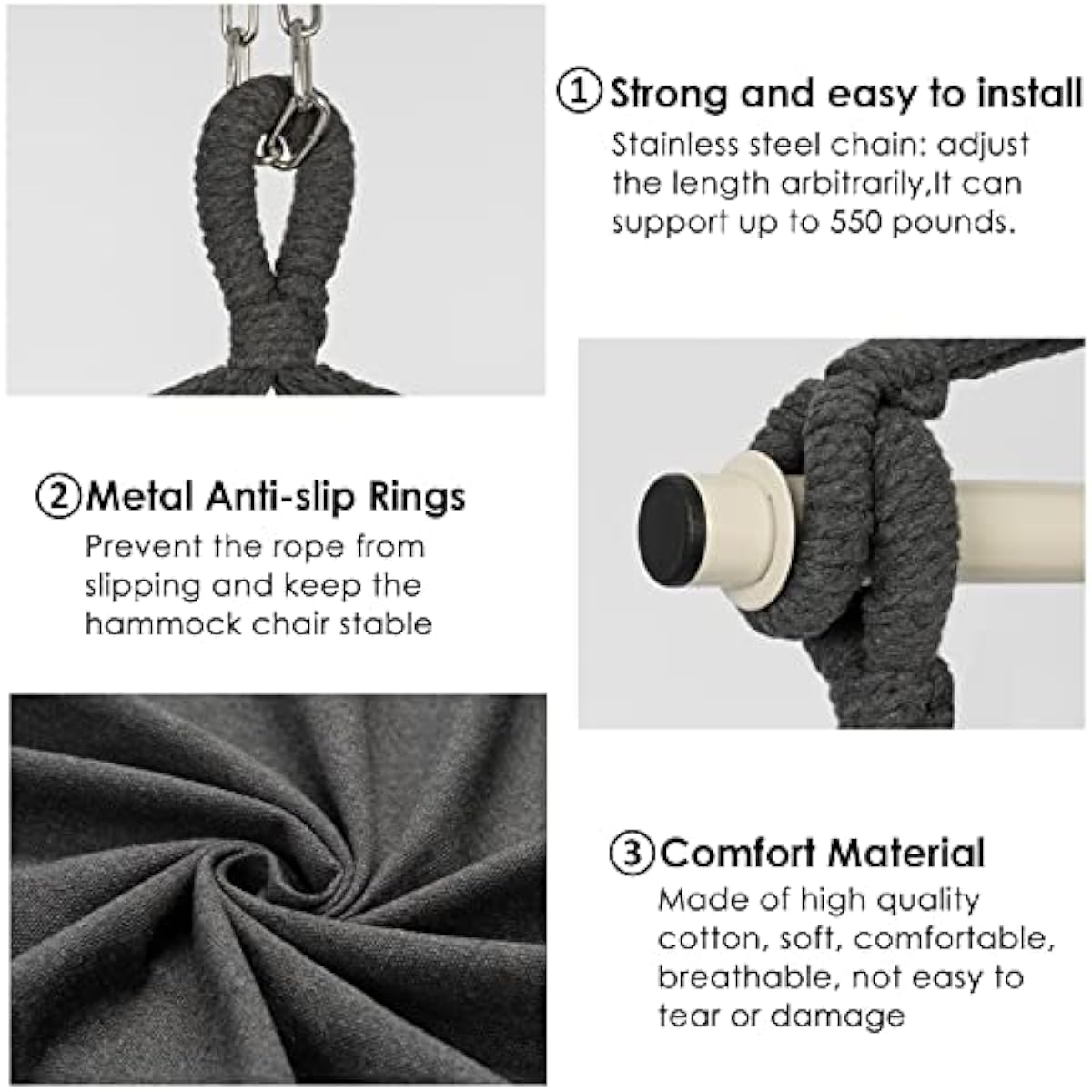 Y- STOP Hammock Chair Hanging Rope Swing, Max 500 Lbs, 2 Cushions Included, Large Macrame Hanging Chair with Pocket, Cotton Weave for Superior Comfort, Durability (Dark Grey)