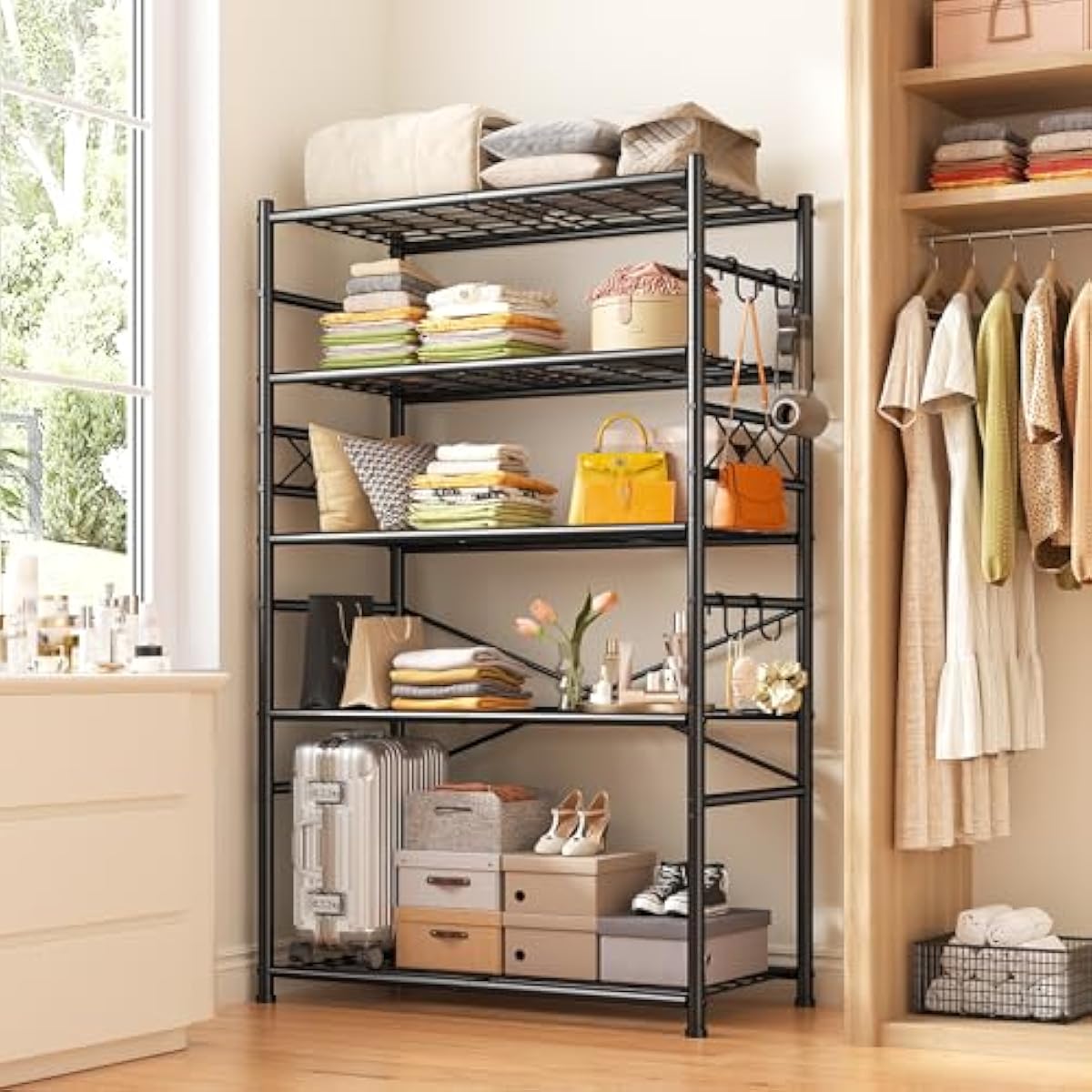 Storage Shelves 5-Tier Large Capacity Wire Shelving with Hooks, Heavy Duty Garage Shelving Unit with Leveling Feet, Stable Metal Shelf for Pantry, Kitchen and Closet, 72" H x 36" W x 12" D, Black