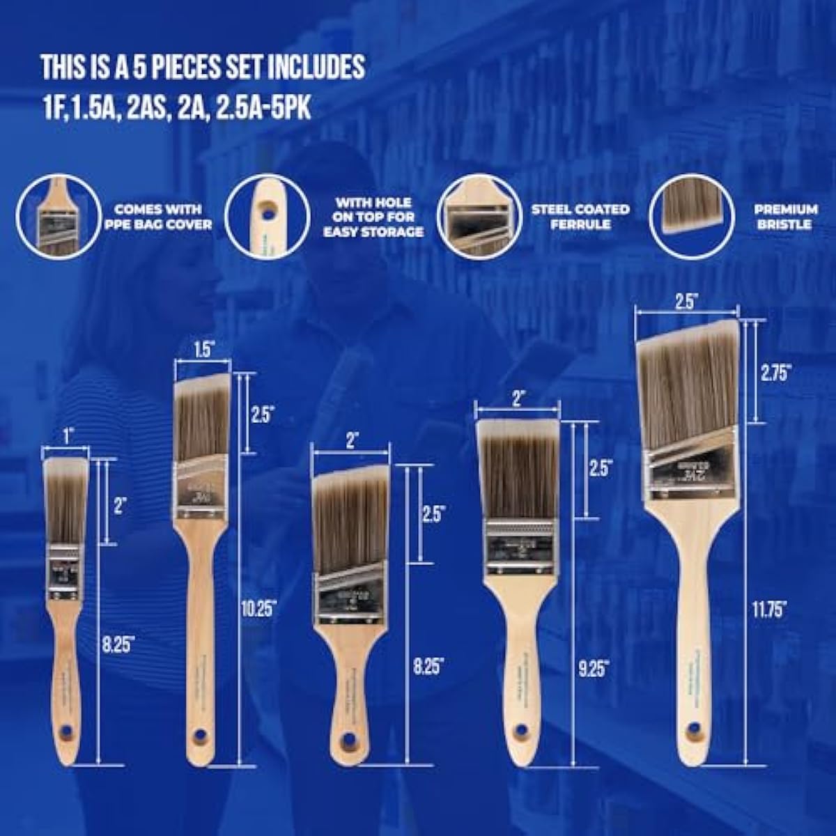 Pro Grade Paint Brushes, 5-Piece Paint Brush Set, Flat & Angle Brushes for Walls, Trim, Cabinets, Interior & Exterior Latex and Oil Paints, Stains