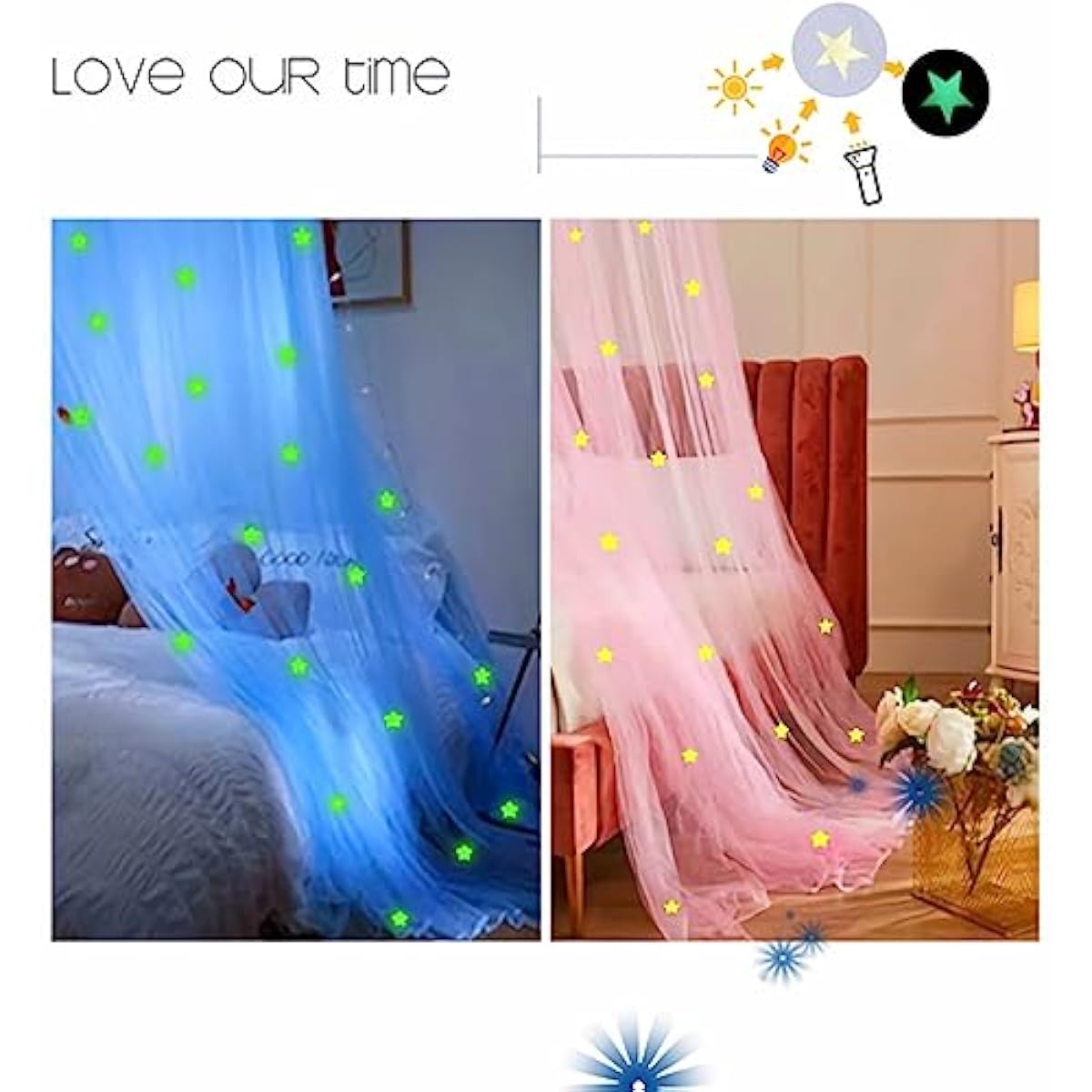 Eimilaly Bed Canopy for Girls Mosquito Net, Princess Bed Canopy for Girls Room Decor - Insect Protection Hanging Canopy for Indoor(Pink,Stars Glow in the Dark)