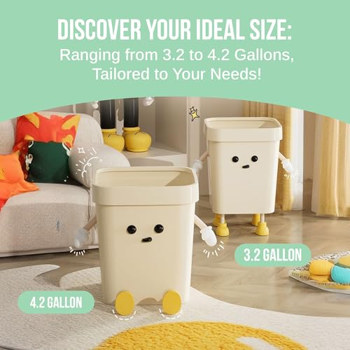 4.2-Gallon Cute Kids Trash Can - Durable Waste Basket Perfect for Kids Rooms, Classrooms, Pediatric Clinics - Beige Square-Shaped Trash Bin w/Arms & Legs - Comes with Removable Trash Bag Holder
