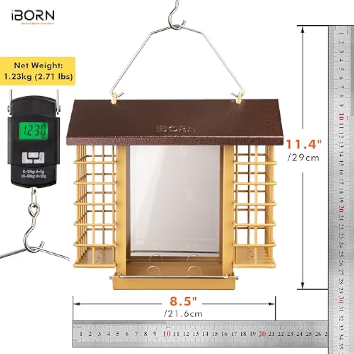 iBorn Bird Feeders for Outdoors,Bird Feeder with Double Suet Holders,Suet Feeder for Outside,Weatherproof Metal Roof,Easy to Refill&Clean,3.2 LBs Seed Capacity+2X Cake,1 Pack,Coffee Roof & Yellow Grid