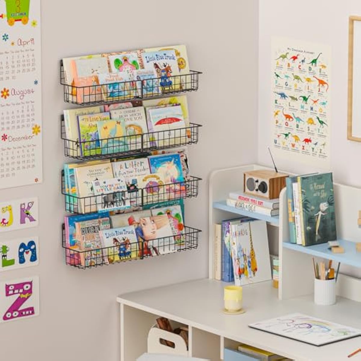 X-cosrack 24 Inch Wall Mounted Kids Bookshelf, Floating Metal Book Shelves for Kids Nursery Toddler Classroom, Hanging Book Shelf Organizer for Room Decor, Black, Set of 4