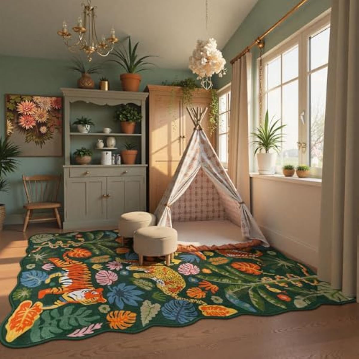 LEEVAN Jungle Animal Nursery Rugs 5x7, Washable Green Tiger Living Room Rugs Non Slip Scalloped Tiger Bedroom Rug, Low Pile Leopard Floor Carpet Leaf Print Kids Rug