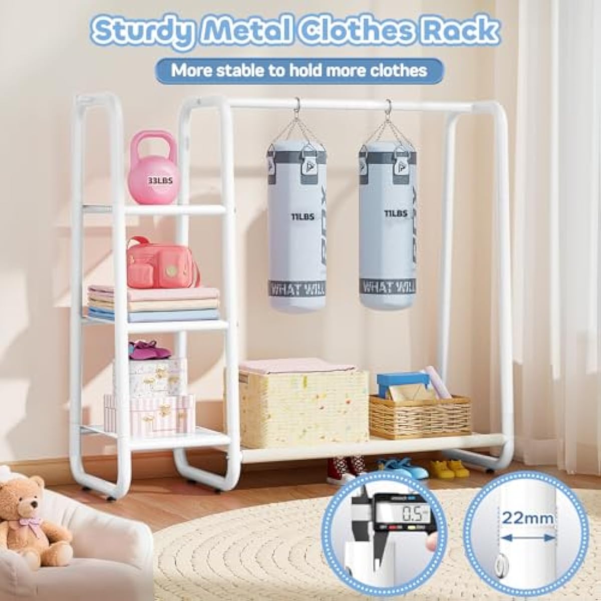 Kids Clothing Rack: Portable Kids Dress up Rack with 4 Storage Shelves & Coat Hook,Sturdy Closet Organizer for Toddler Baby Playroom Bedroom Use(Classic,White)