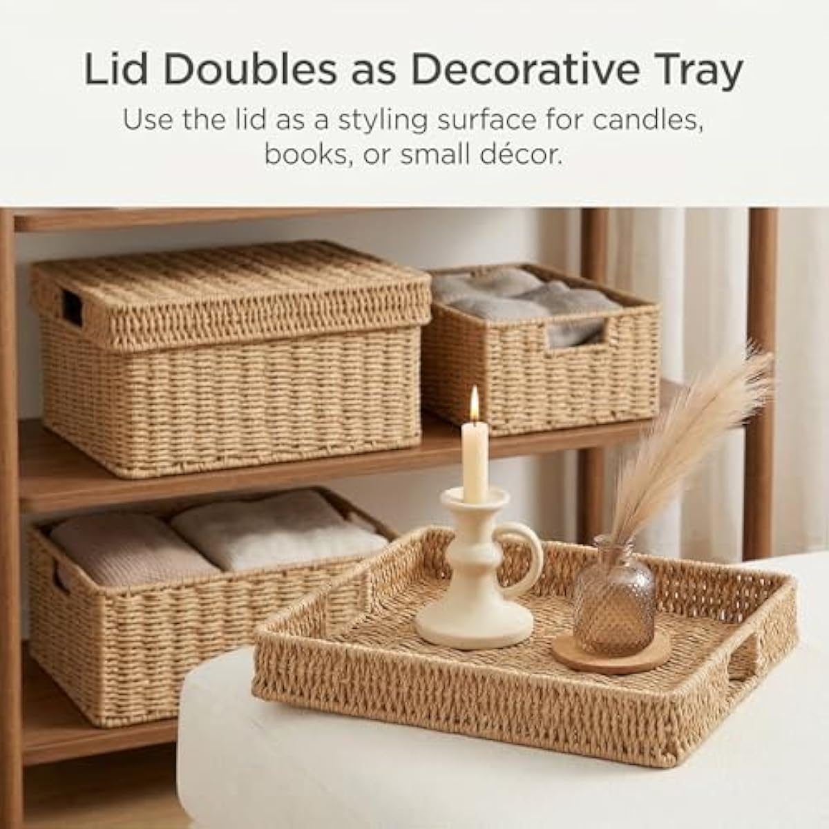 Wicker Storage Basket with Lid - Woven Storage Basket for Organizing,Rectangular Decorative Boxes Bins with Lids for Shelves, living room, Nursery, 2-Piece Set(Natural)
