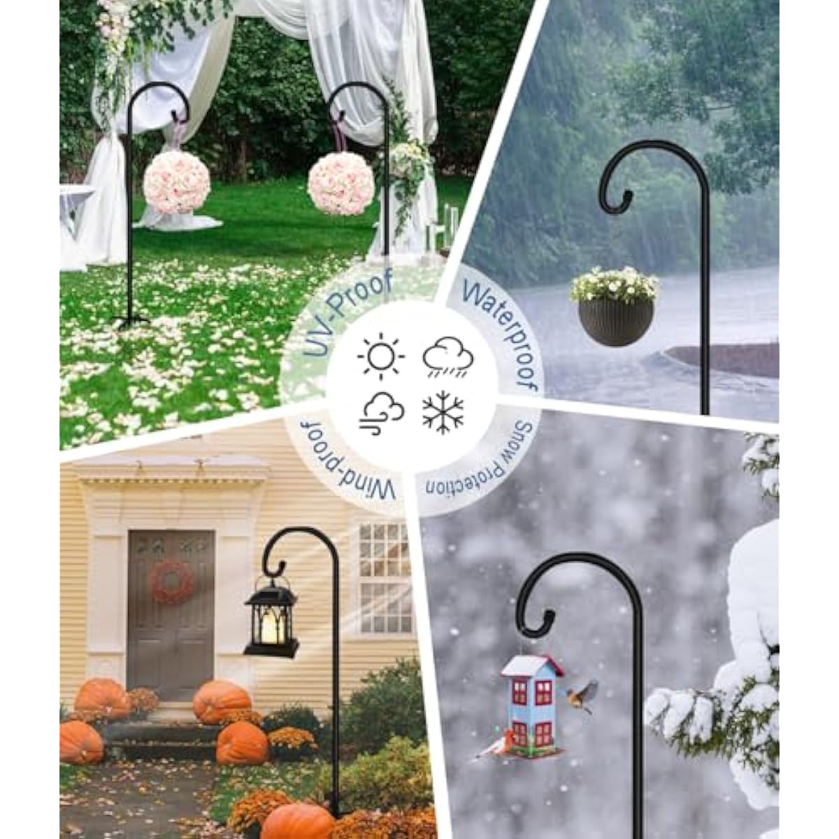 Artigarden 108 inch Outdoor Shepherd Hook with 7 Prong Base (1 Pack), Adjustable Heavy Duty Garden Hanging Stake for Bird Feeder Solar Light Plant Hanger Wedding Decor, Matte Black