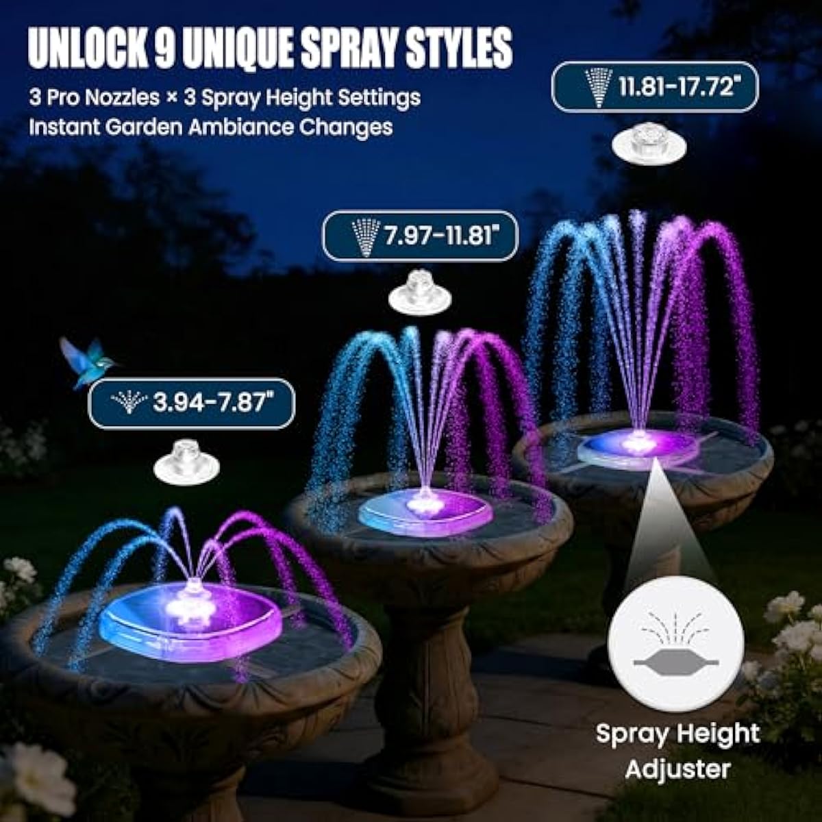 Solar Fountain Pump for Bird Bath,2026 Upgrade Solar Powered Water Fountain Pump with LED Light,4000mAh Battery Bird Bath Fountains Outdoor,9 Spary Modes Solar Birdbath Fountains for Pond,Pool-White