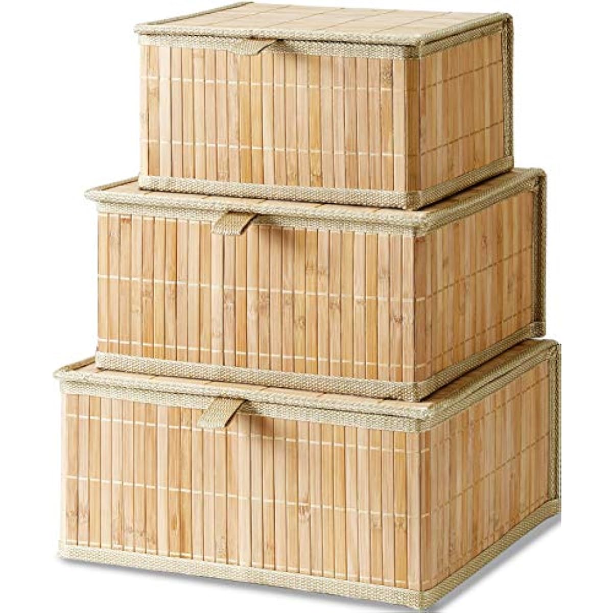 Honygebia Bamboo Decorative Storage Boxes - Set of 3 Woven Lined Storage Basket with Lids, Beige Wicker Lidded Baskets for Home Kitchen Shelf Organizer Decor