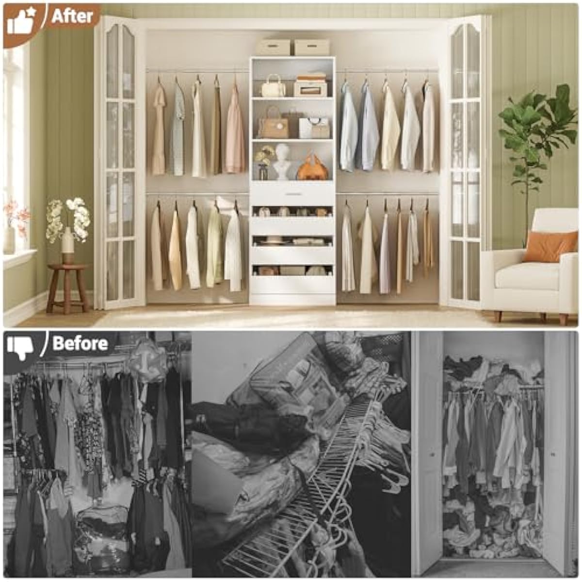 Aheaplus Closet System, 4-9Ft Closet Organizer with 4 Wooden Drawers, Wood Closet Organizer System with Tower, Walk-in Closet Organizer Wardrobe Clothes Rack with 4 Hanging Rods, Garment Rack, White