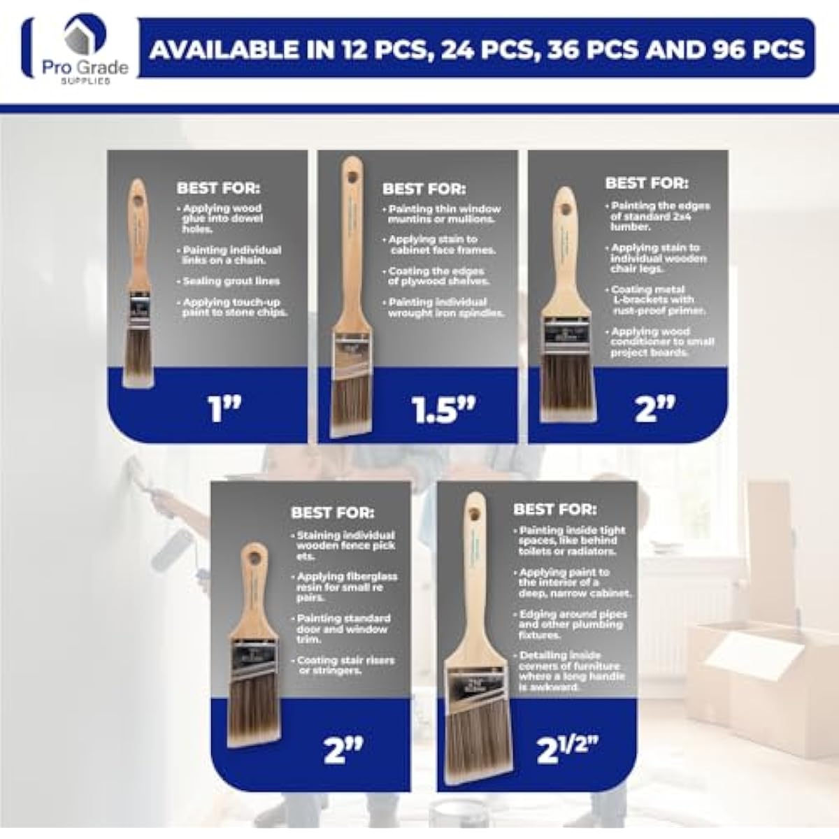 Pro Grade Paint Brushes, 5-Piece Paint Brush Set, Flat & Angle Brushes for Walls, Trim, Cabinets, Interior & Exterior Latex and Oil Paints, Stains
