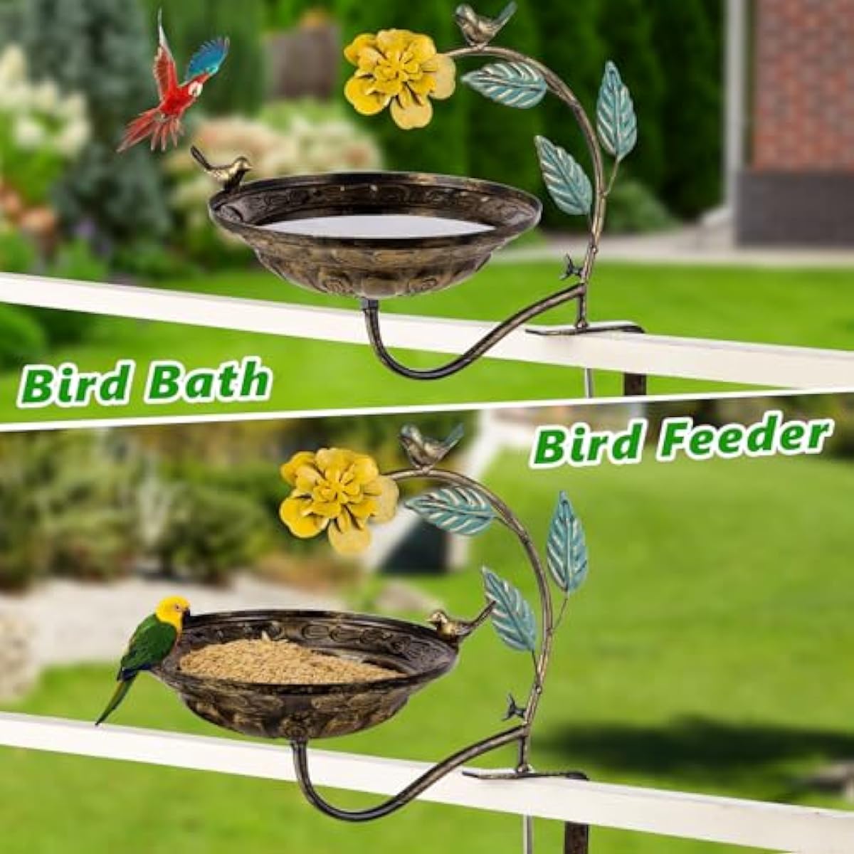 Metal Bird Bath for Outdoors, Deck Mounted Birdbaths with 10 Inch Bowl, Detachable Bird Feeder with Adjustable Clamp for Balcony Railing Garden Yard Decor
