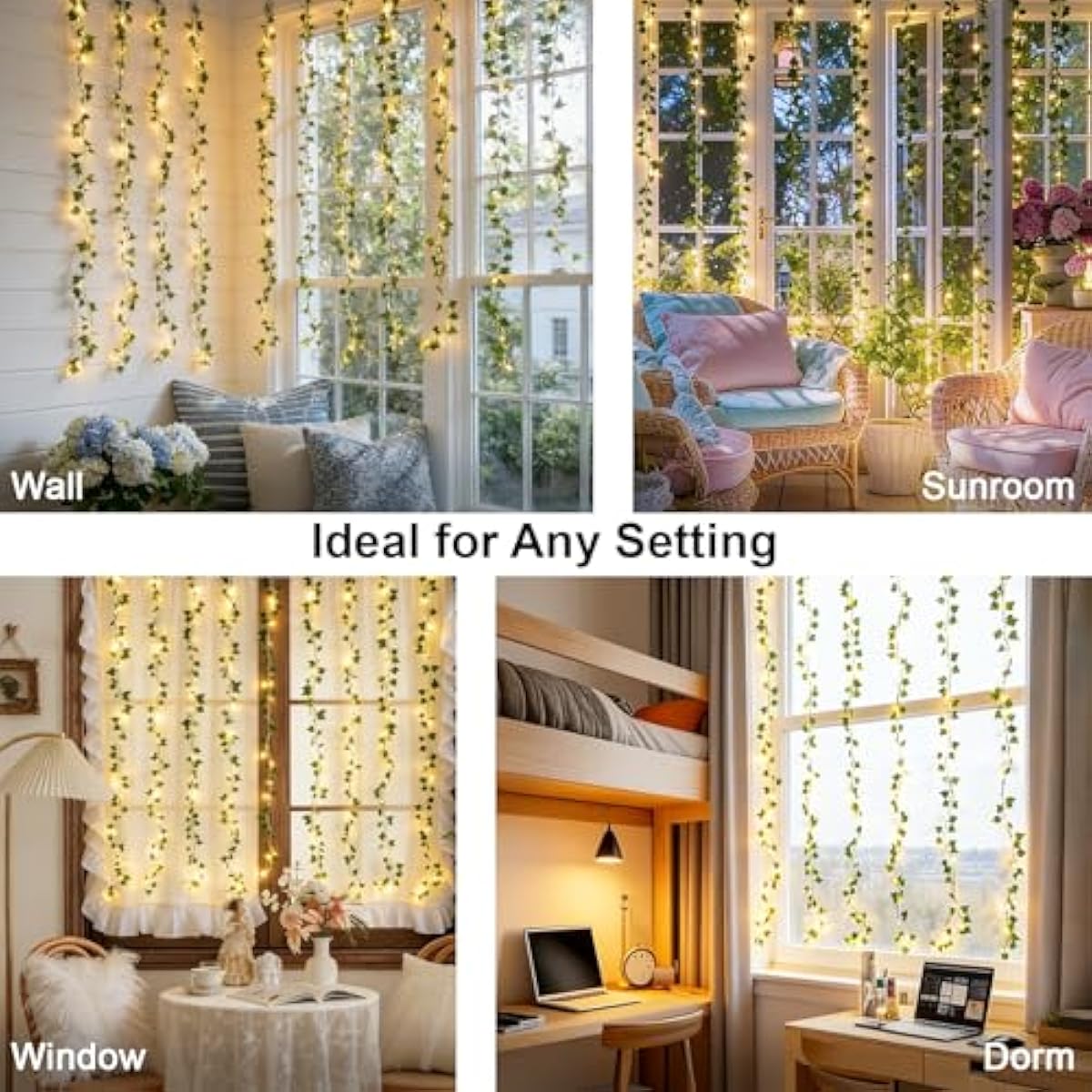 suddus Vines with Light for Bedroom, 200 LED Fairy Lights with Vines, Ivy Curtain Lights for Dorm, Wedding, Party, Wall, Indoor, Outdoor Decor, 6.5ft x 6.5ft