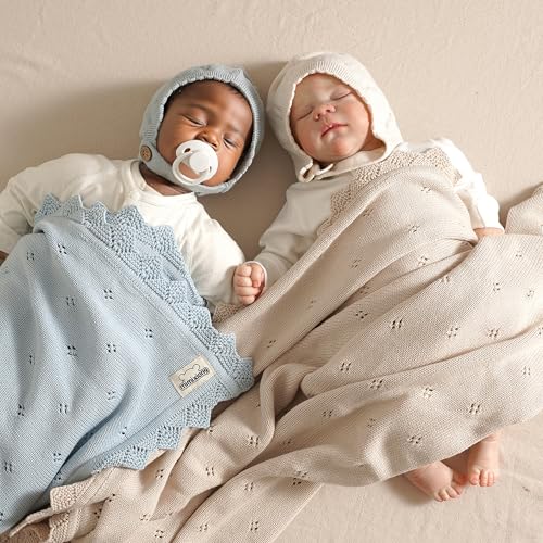 mimixiong Cotton Baby Blanket Knitted Crochet Receiving Crib Nursery Swaddling Blankets for Newborn Baby Boy Girl 30x40 Inch (Oatmeal)