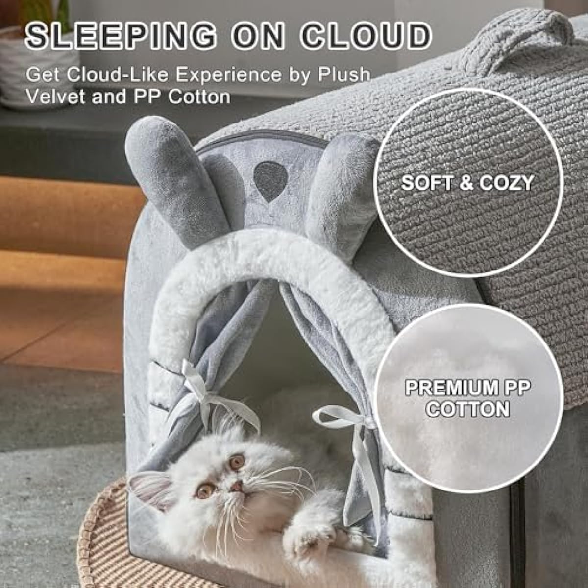 Jiupety Small Dog House Indoor, Dog Cave with Door Curtain Design, Puppy House with Reversible Washable Cushion, M Size Portable Pet Cave for 7-13 lb Cats and 5-11 lb Dogs, Non-Slip Bottom, Grey
