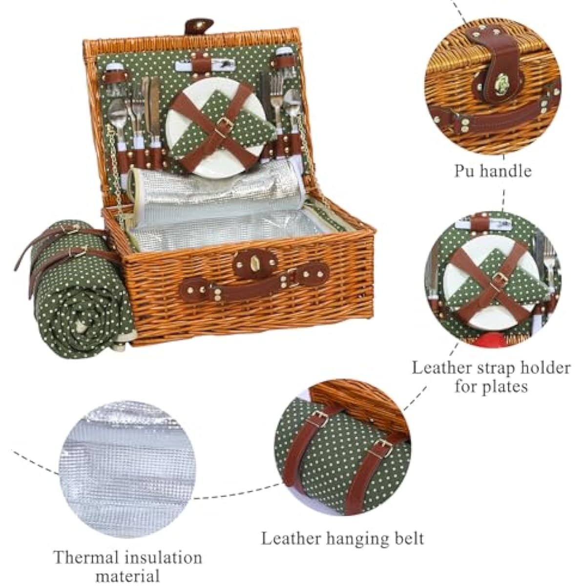 Picnic Basket for 4 Persons with Waterproof Picnic Blanket and Insulated Cooler, Large Wicker Picnic Basket for Camping, Outdoors, Valentine's Day, Christmas, Birthday, Wedding Gift