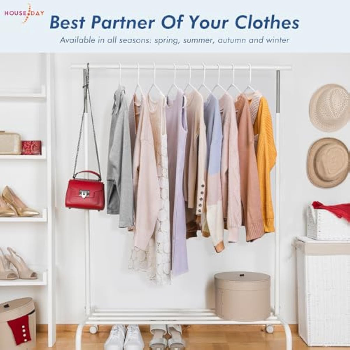 HOUSE DAY White Plastic Hangers 50 Pack, Plastic Clothes Hangers with Built-in Hooks, Durable and Strong Plastic Coat Hangers for Closet, Space Saving Clothing Hanger for Shirts, Coats, Skirt, Dress