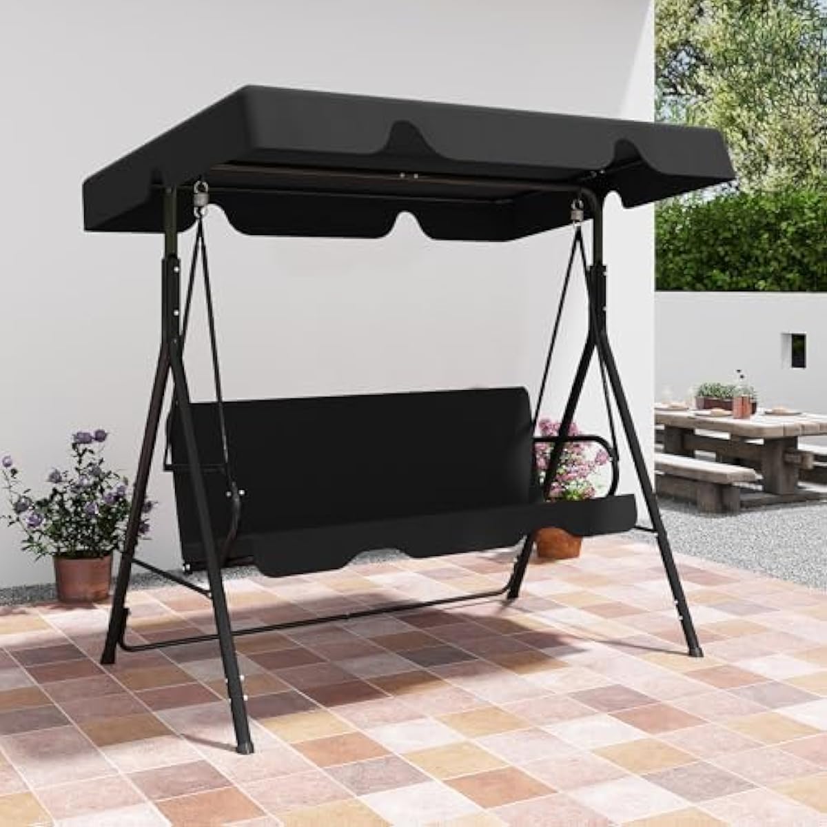 Murago Outdoor Patio Swing Chair with Adjustable Canopy, Outdoor Patio Glider Swing with Heavy Duty Stand for 3 Adult Persons, Ideal for Deck, Lawn, Backyard, or Porch, Black