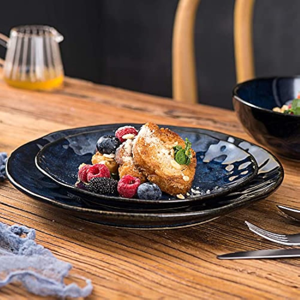 vicrays Ceramic Dessert Salad Plates, 8 Inch, Set of 6, Round, Microwave, Oven, and Dishwasher Safe, Scratch Resistant, Porcelain Fluted Suitable for Snacks, Appetizer, Home, Restaurant (Blue)