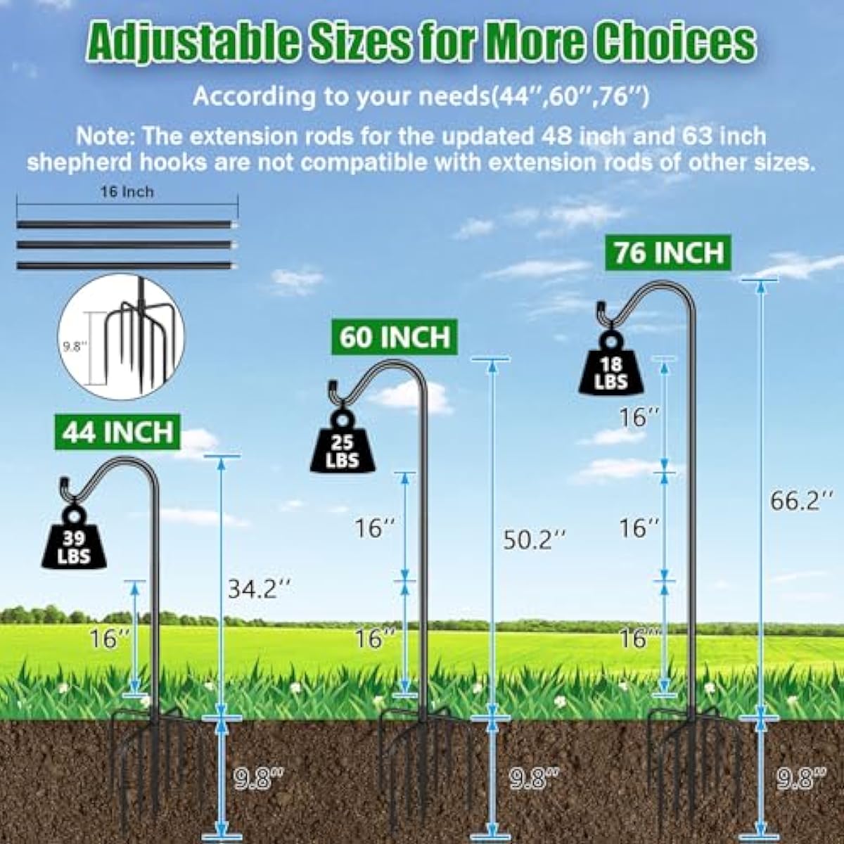 FEED GARDEN Shepards Hooks for Outdoor Bird Feeder Pole 76 Inch Adjustable Tall Heavy Duty Shepherds Hooks for Hanging Plant Baskets, Solar Lights, Wedding Decor, Lanterns, Black (2 Pack)