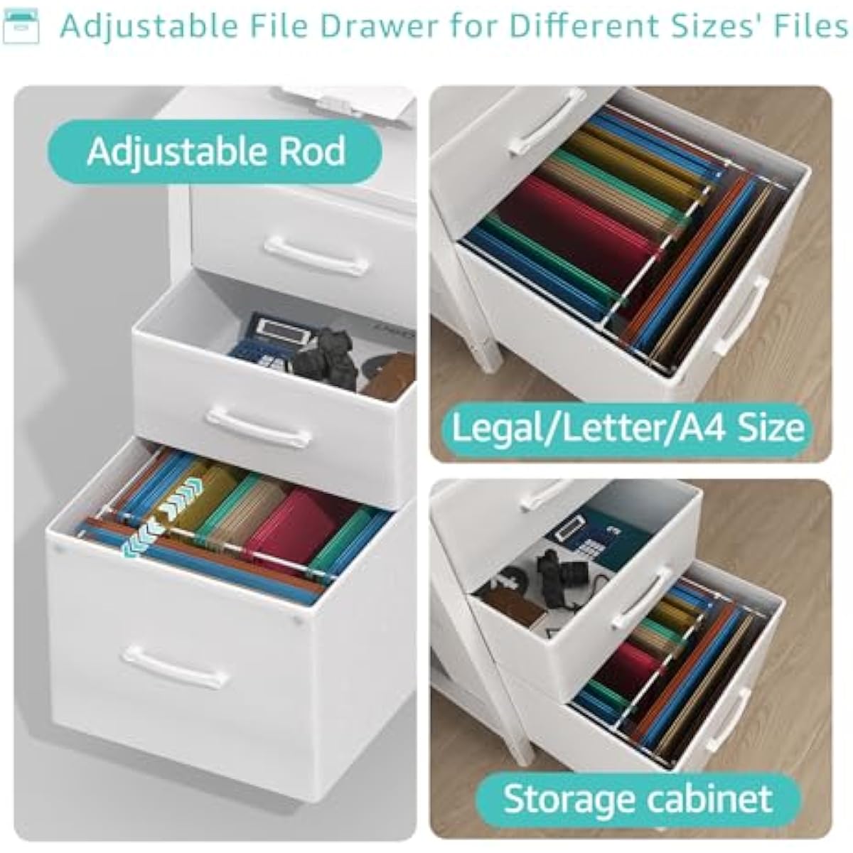 Lufeiya White Desk with File Drawers Cabinet, 47 Inch Reversible Computer Desk with Fabric Filing Cabinet for Bedroom Small Space Home Office, Modern Writing Table PC Desks, White