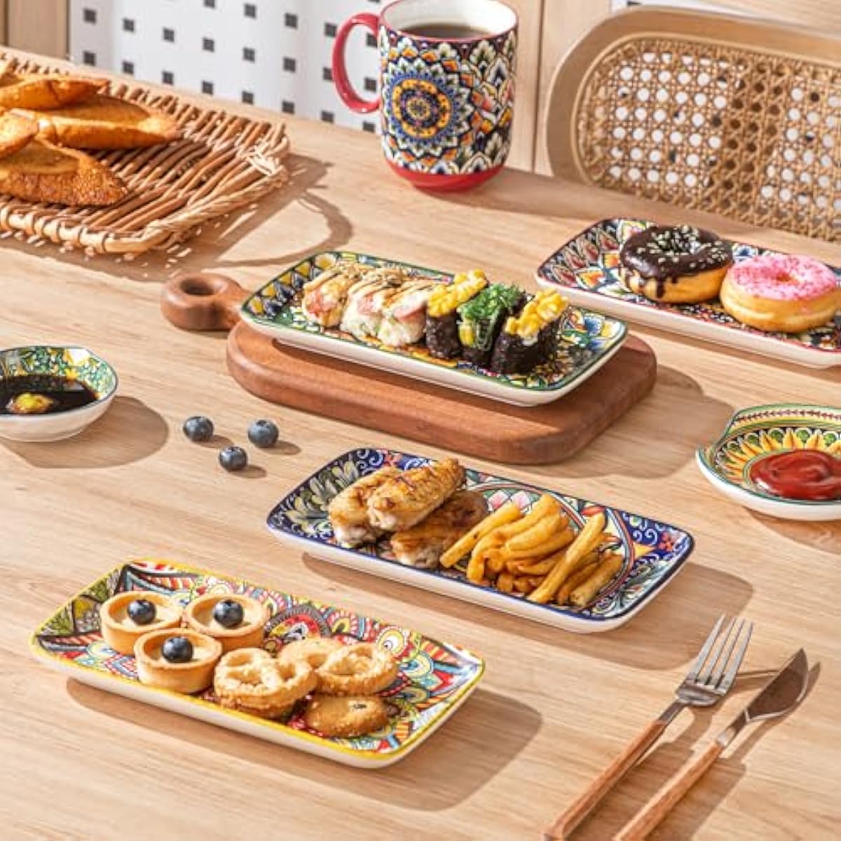 Henten Home Ceramic 8 Inch Salad Plates, Rectangular Salad Plate Set of 6, Bohemian Serving Dishes for Sushi, Appetizer, Cake, Sashimi, Microwave & Dishwasher Safe