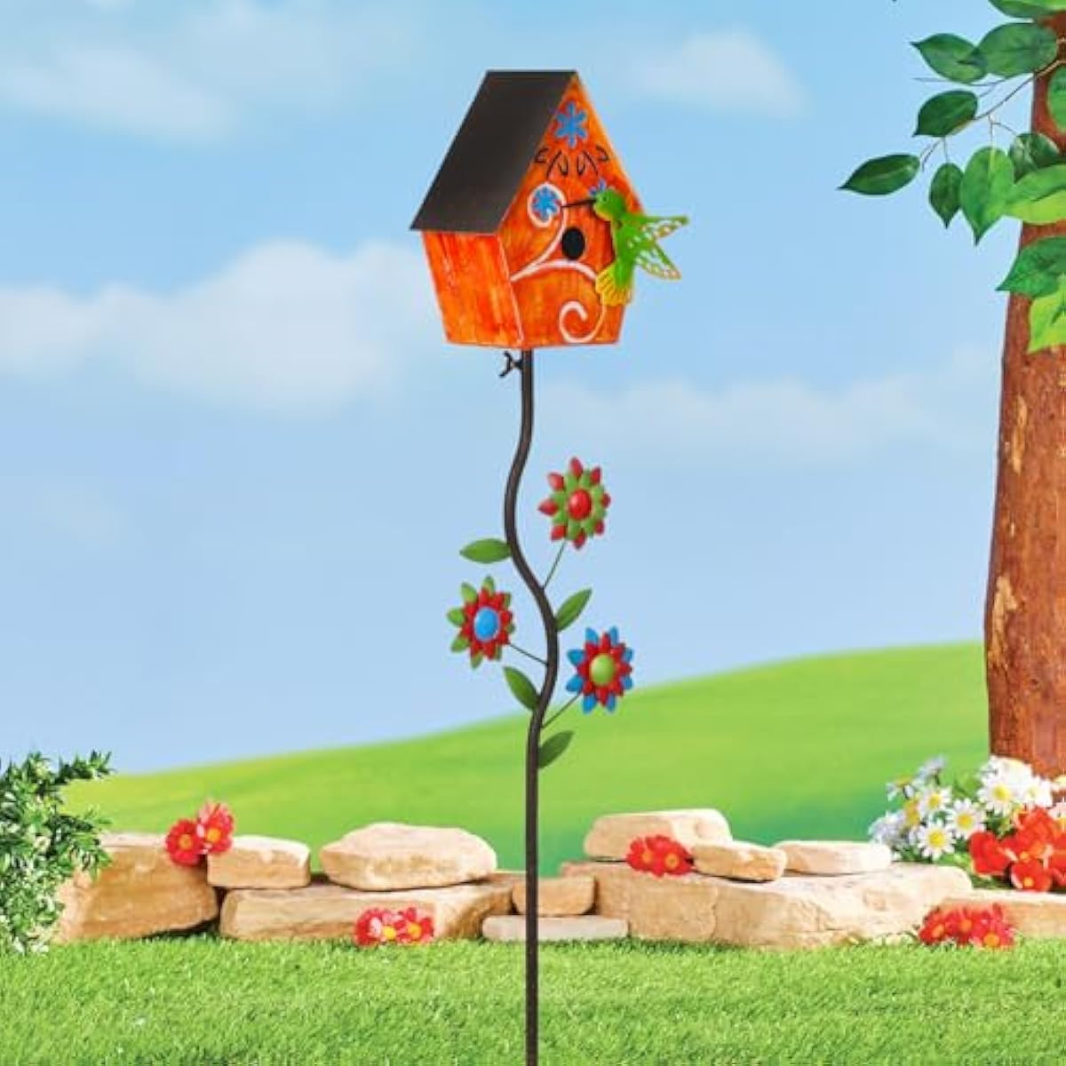 51” Bird Houses Stake for Outside, Metal Wild Bird Feeder Birdhouse Stake Pole with Hummingbird Design Outdoor Decorations for Patio, Backyard, Garden