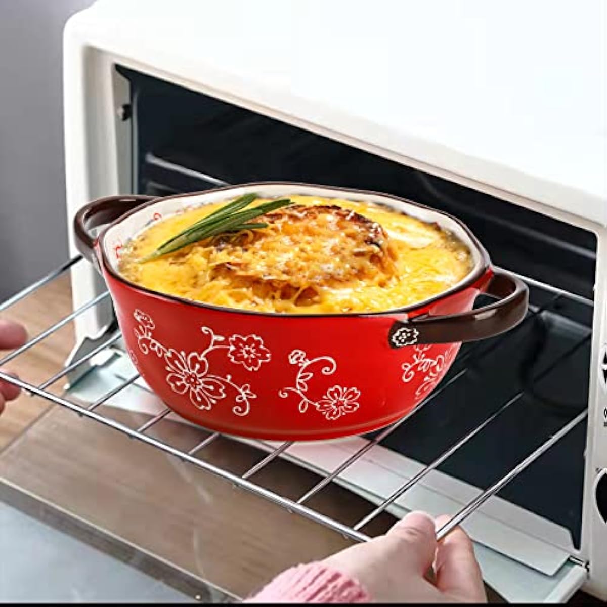 AVLA 4 Pack Ceramic Soup Bowls, 22 Ounces Porcelain Serving Bowl Set with Doundle Handle, Large Ceramic Crocks for French Onion Soup, Stew, Pasta, Cereal, Pot Pies (Red)