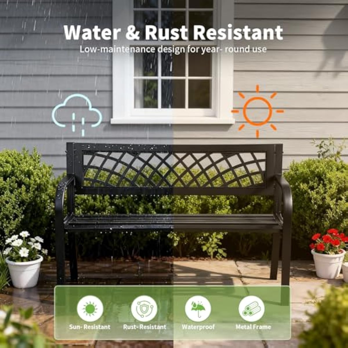 Garden Bench,Outdoor Benches,Iron Steel Frame Patio Bench with Mesh Pattern and Plastic Backrest Armrests for Lawn Yard Porch Work Entryway,Black