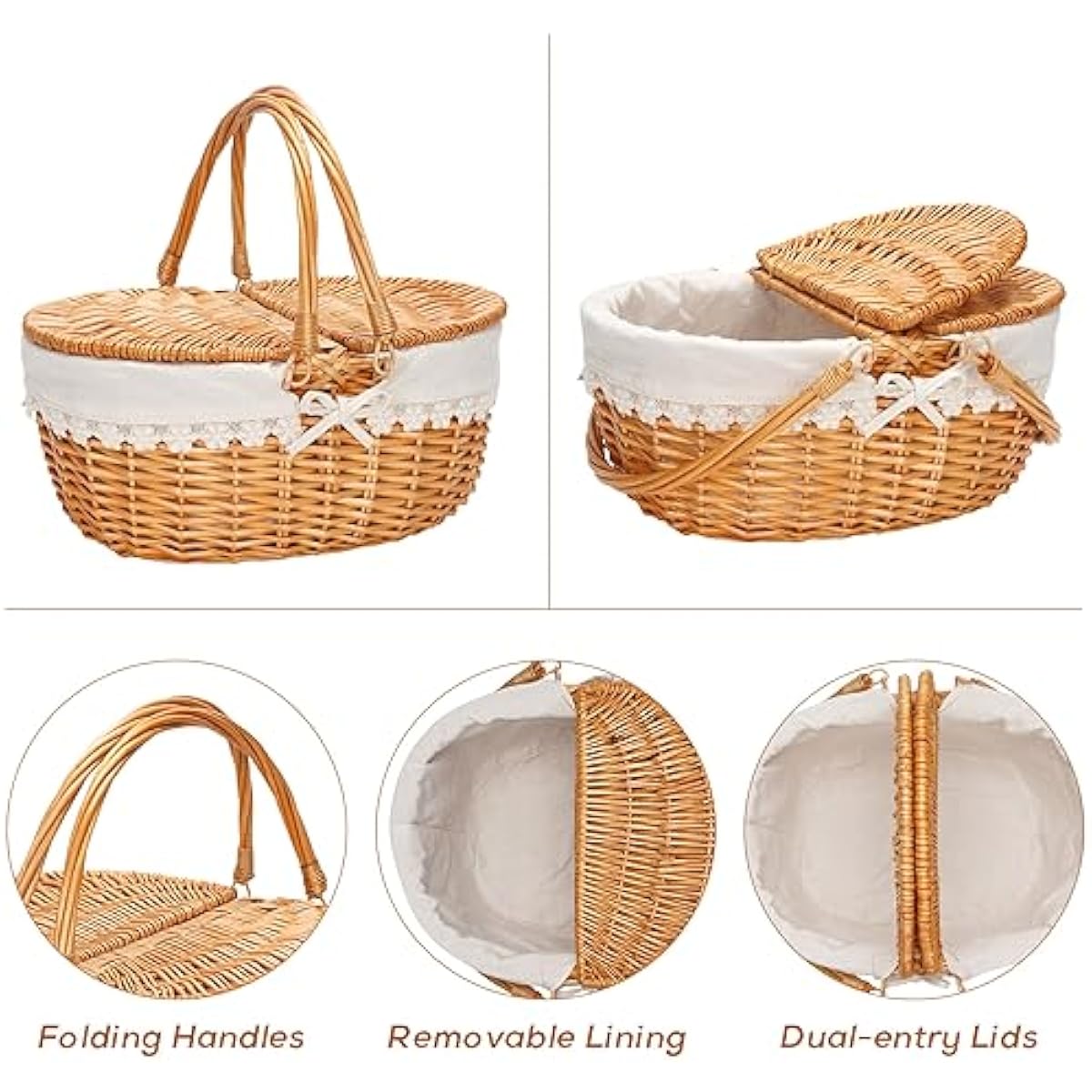 Wicker Picnic Basket with Removable Liner, Empty Picnic Baskets with Lid, Vintage-Style Picnic Hamper with Folding Woven Handle for Picnic, Camping, Outdoor, Halloween, Thanks Giving, Birthday (Cream)