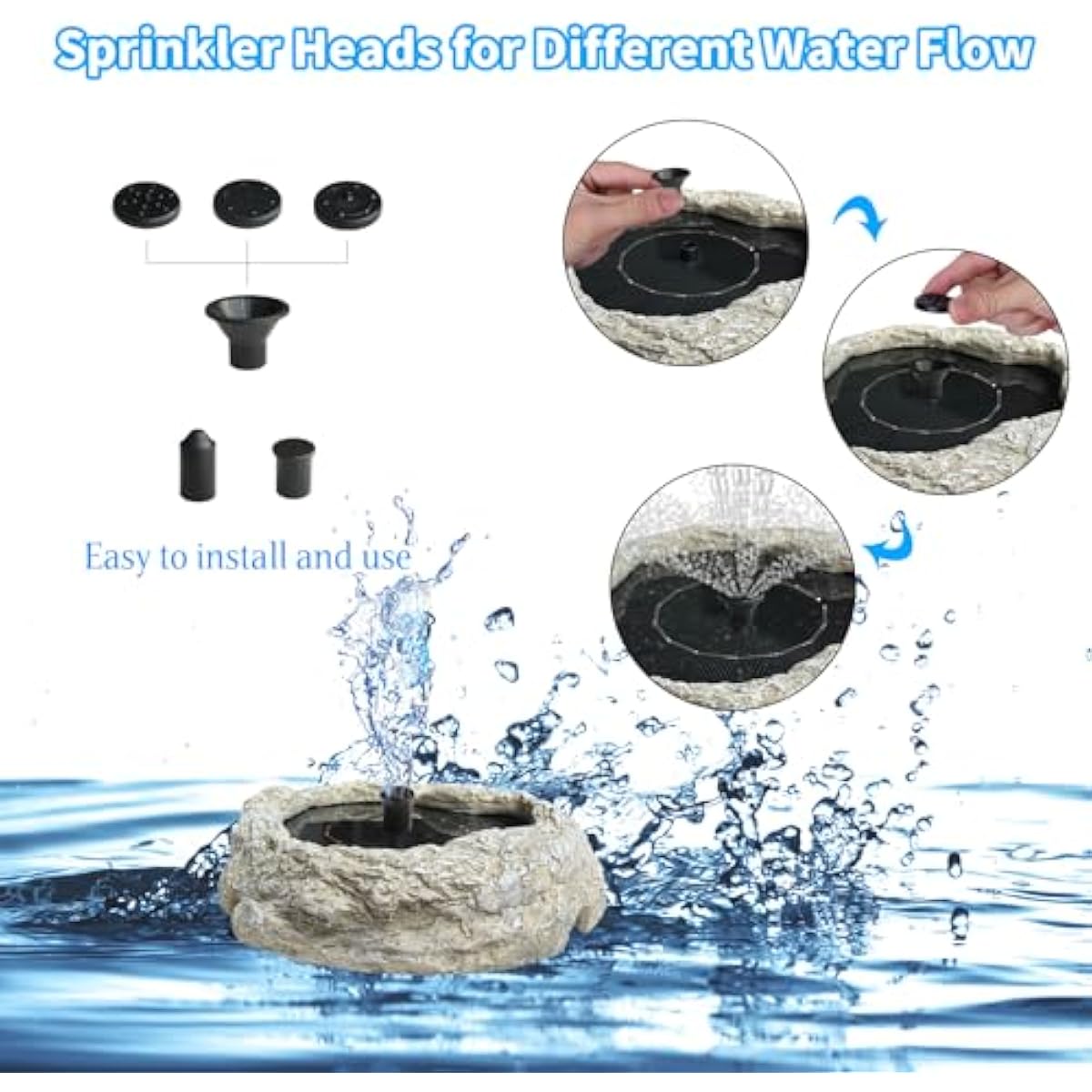 SAC SMARTEN ARTS Solar Fountain for Bird Bath with Solar Panel Resin Granite Rock Solar Water Fountain Pump for Bird Bath Outdoor Hummingbird Birdbath Fish Tank Pond with 5 Nozzles