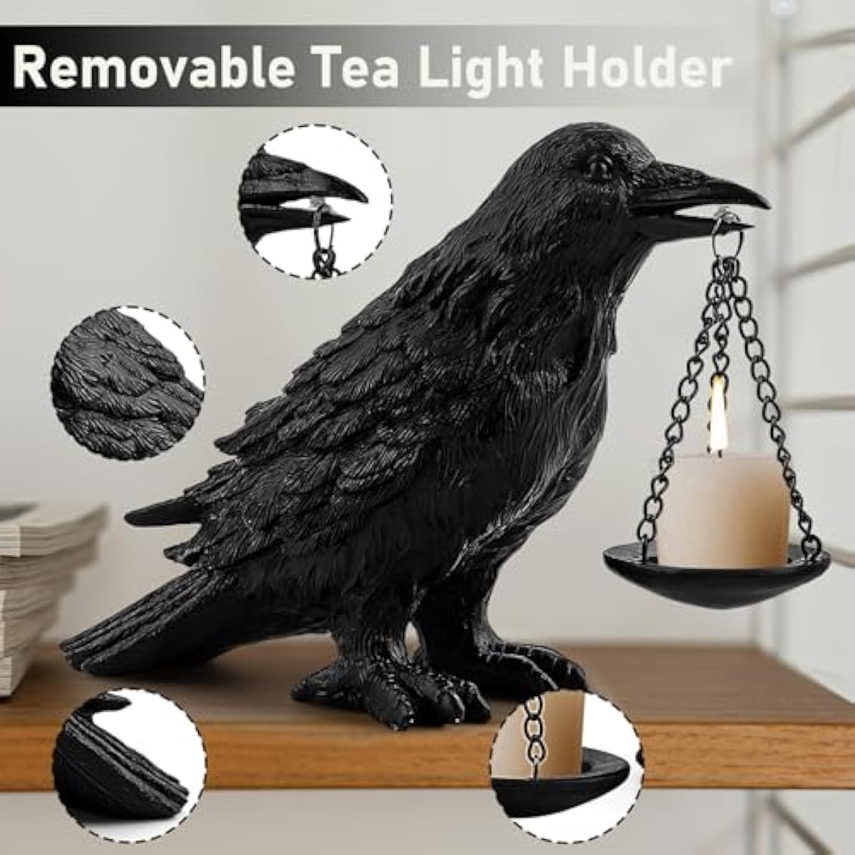 Gothic Crow Lamp with Tealight Candle Holder Resin Raven Decor Statue Gothic Home Decor for Bedroom Unique Goth Gifts Black