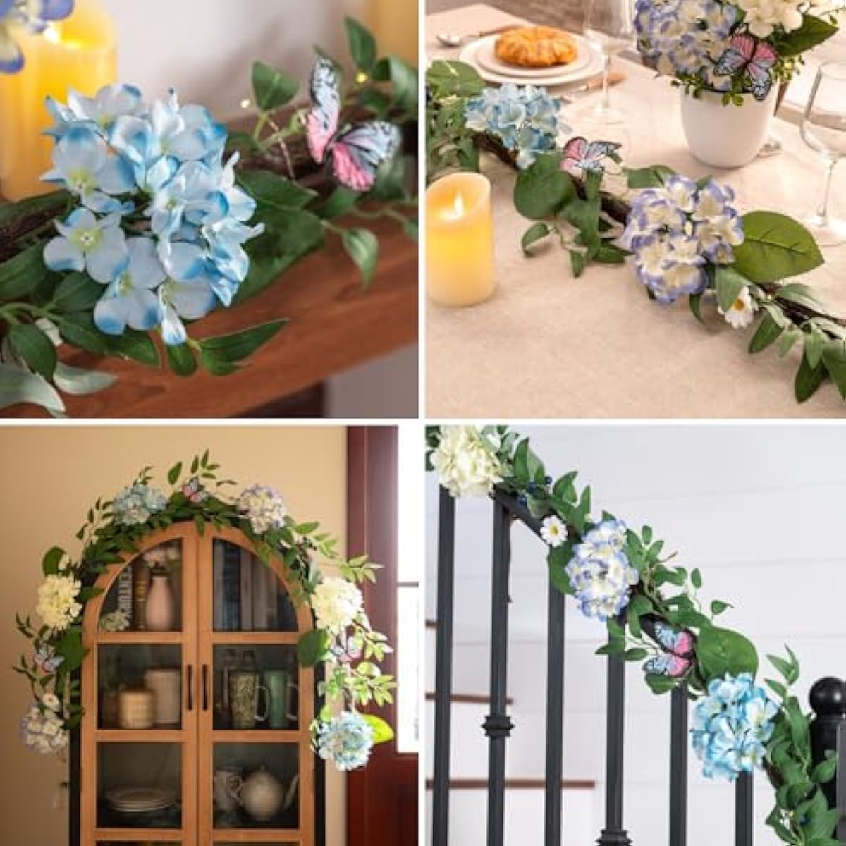 Valery Madelyn 6FT Spring Summer Flower Garland with Lights for Mantle,Blue White Hydrangeas Floral Garland with Eucalyptus Leaves Butterfly for Home Table Centrepiece Stairs Wedding Party Decorations