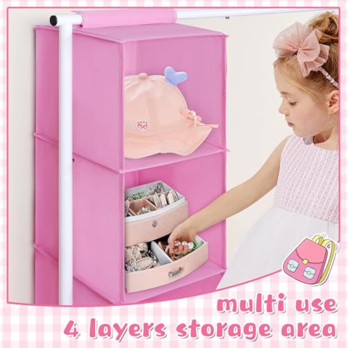 Univivi 43" Tall Kids Clothing Rack, Toddler Dress Up Storage with Hanging Organizer – Sturdy Metal Baby Closet, Space-Saving for Nursery & Bedroom, Pink/White