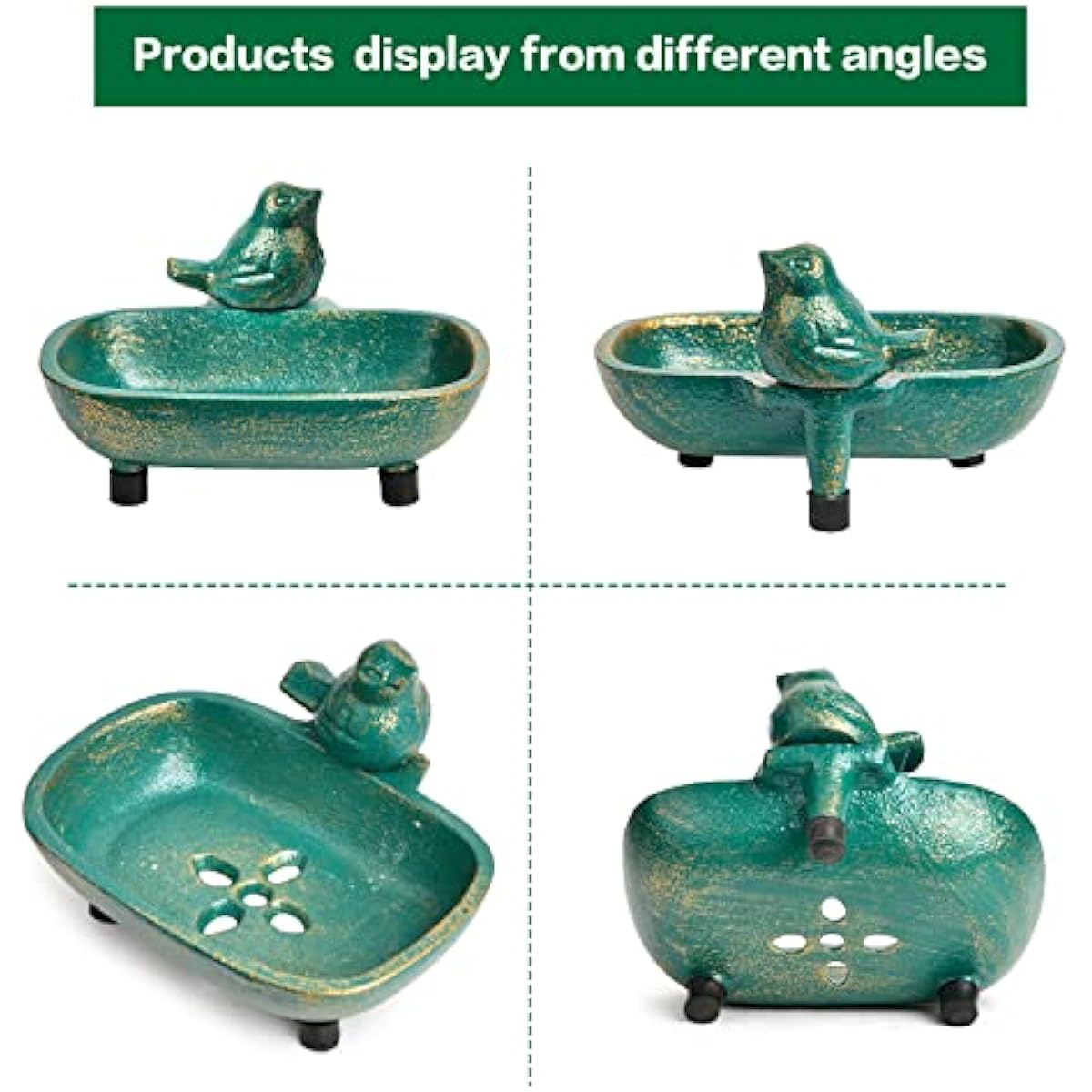 Sungmor Heavy Duty Cast Iron Hand Soap Holder - Lovely Bird Shaped & Antique Green Finish - Decorative Tabletop Soap Dish Tray for Kitchen Bathroom Sink - Practical Bath Soap Box Container