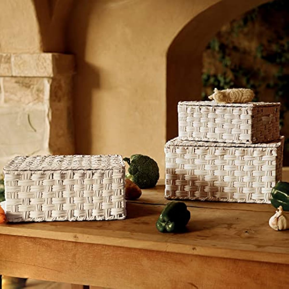 GRANNY SAYS Wicker Storage Baskets with Lids, Set of 3 Decorative Storage Boxes, Baskets for Organizing, Butter Milk, 3-Pack