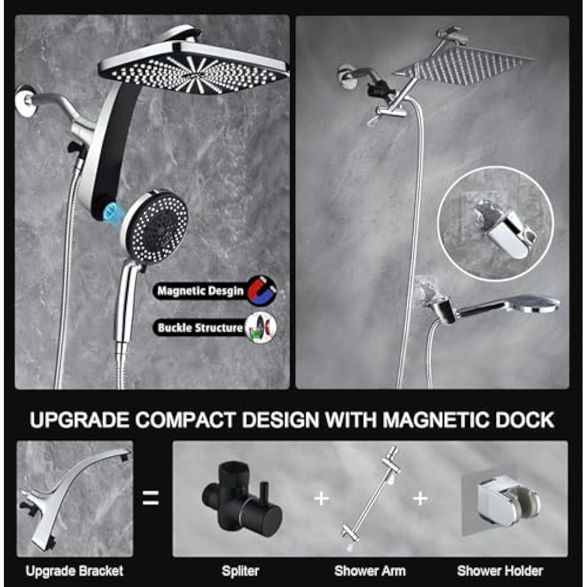High Pressure Rain Shower Head: Upgrade Shower Heads with Handheld Spray Combo with Fixed Showerhead and 10 Sprays Handheld Shower Head, Detachable Shower head Built-in Magnetic Docking and Power Jets