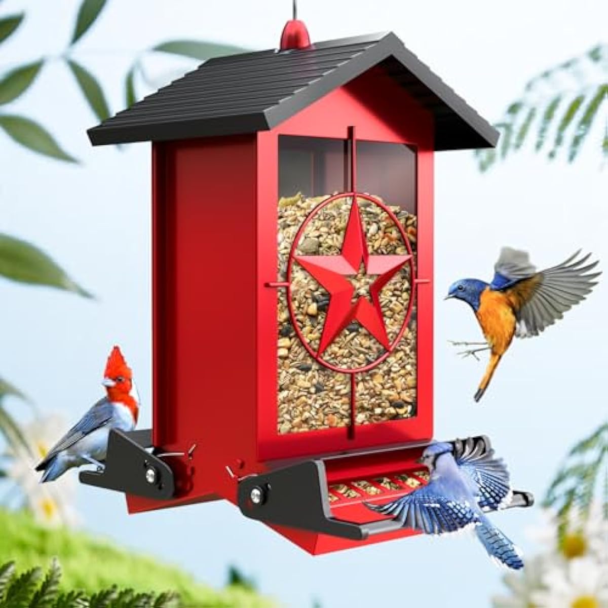 Squirrel Proof Bird Feeders for Outdoors With Weight-Activated, Metal 5LB Large Wild Bird Feeders for Cardinals,Blue jay,Finch, Weatherproof Durable Hanging Bird Feeder for Backyard,Garden,Patio - Red