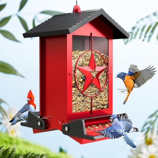 Squirrel Proof Bird Feeders for Outdoors With Weight-Activated, Metal 5LB Large Wild Bird Feeders for Cardinals,Blue jay,Finch, Weatherproof Durable Hanging Bird Feeder for Backyard,Garden,Patio - Red