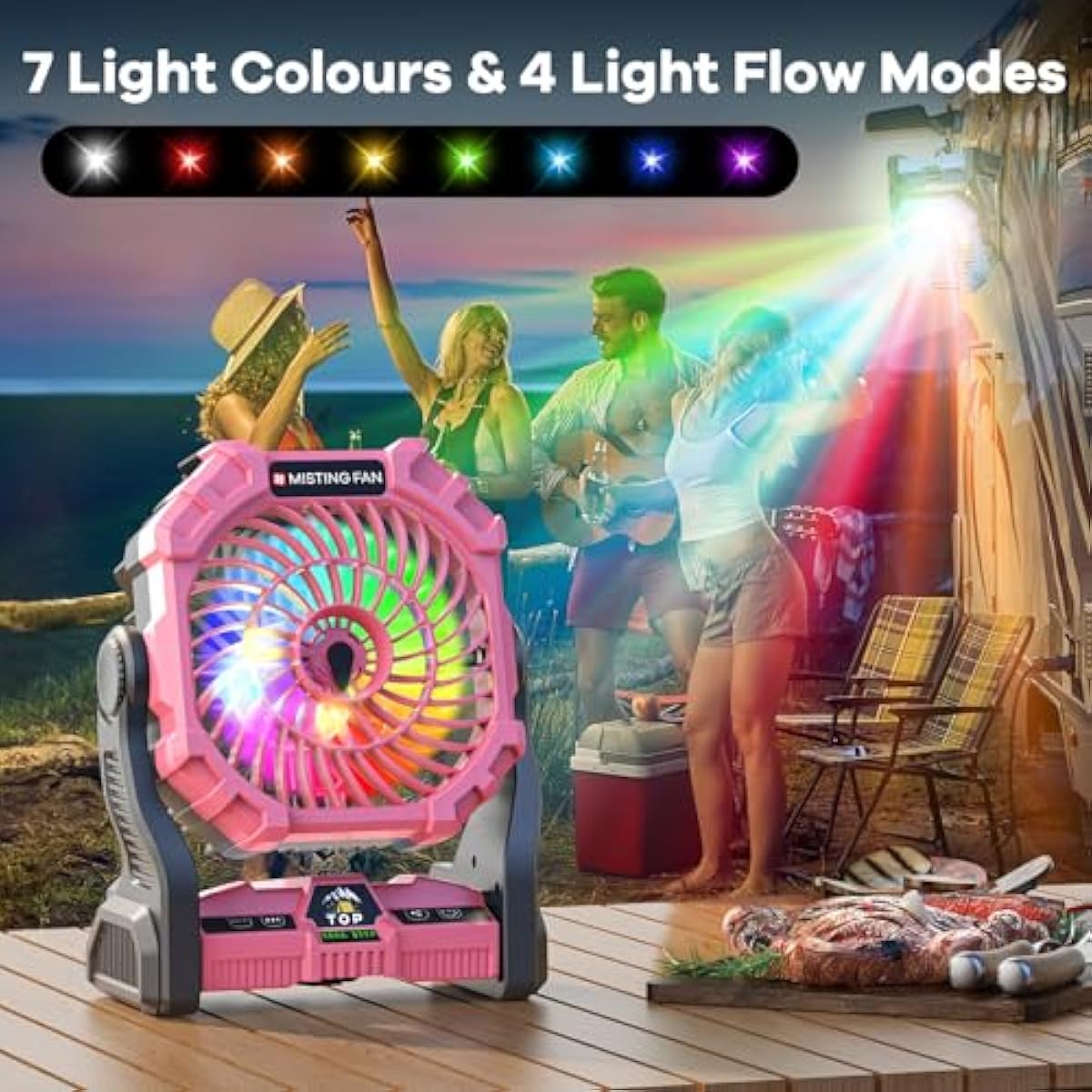 Misting Fan Portable with RGB Lantern, 30000 mAh Rechargeable Camping Mist Fan with Emergency Battery Power Bank Hurricane Supplies, Perfect Cooling Mister for Outdoor Travel